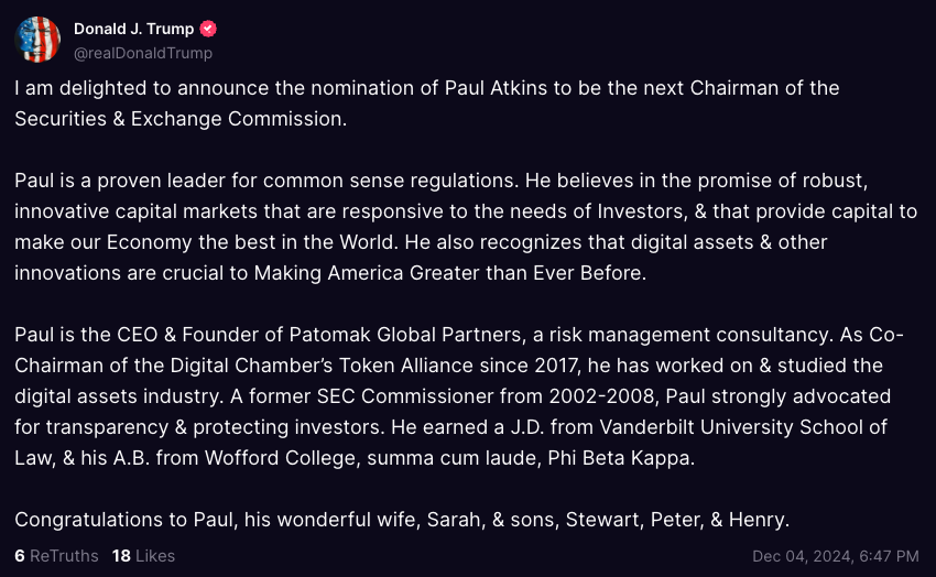 川普提名Paul Atkins任SEC主席，比特币突破10万美元，加密货币监管即将开启新的一页-第2张图片-欧意下载