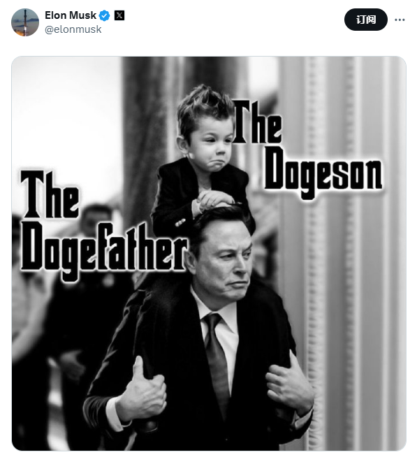 马斯克发布带有“The Dogeson”和“The Dogefather”字样的肖像照片-第1张图片-欧意下载